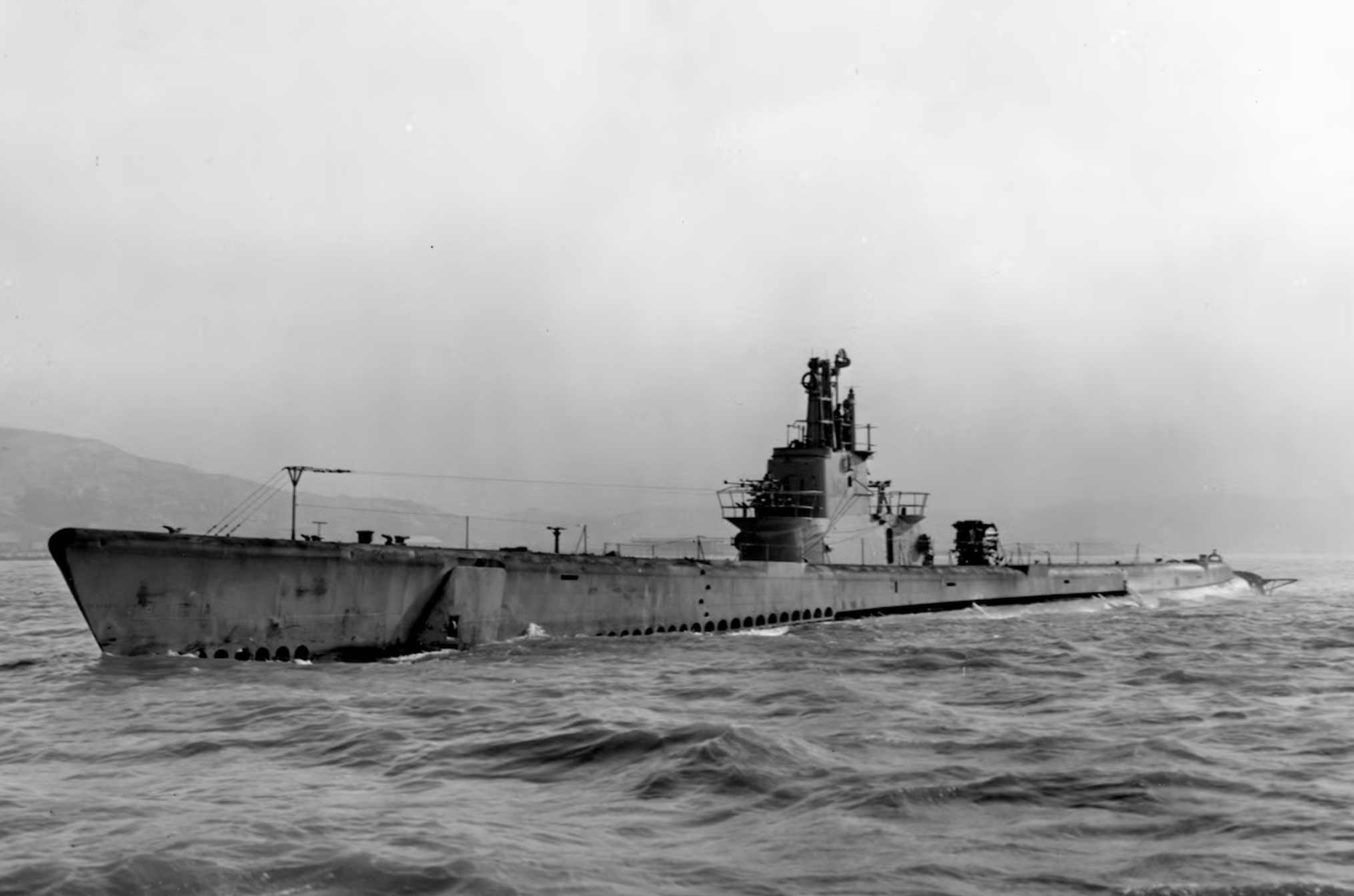 The submarine USS Barb floats in San Francisco Bay near the Mare Island Navy Yard, California. 